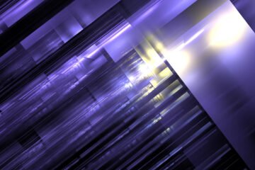 Vivid streaks of purple and yellow light create a dynamic visual effect in this abstract digital artwork. design emphasizes depth and motion, drawing the viewer in. 3d render