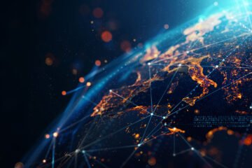 dynamic digital world map emphasize Western Europe continental for AI powered global network and connectivity big data transfer and cyber technology network information exchange and telecommunication concept with 3D software and Based on imagery from NASA. https://www.nasa.gov/specials/blackmarble/2016/globalmaps/BlackMarb